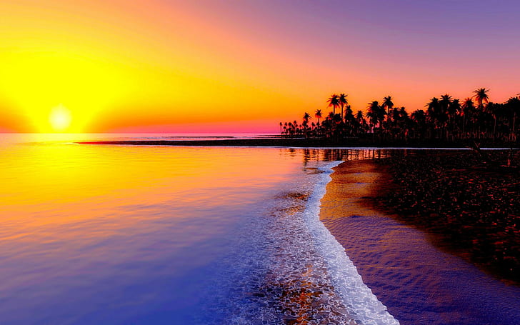 playa, trópicos, mar, arena, palmeras, puesta de sol, playa, trópicos, arena, palmeras, puesta de sol, Fondo de pantalla HD